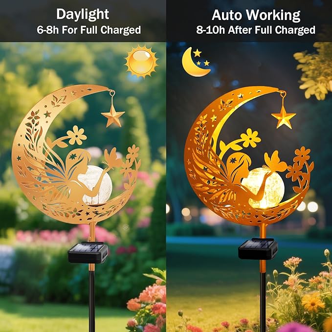 YJFWAL Garden Solar Fairy Lights Pathway Stake Lights Glass Globe with Moon Angel Decor, Gifts for Mom Grandma Friends, Outdoor Decor Light Waterproof for Walkway, Yard, Patio or Garden (Warm White)