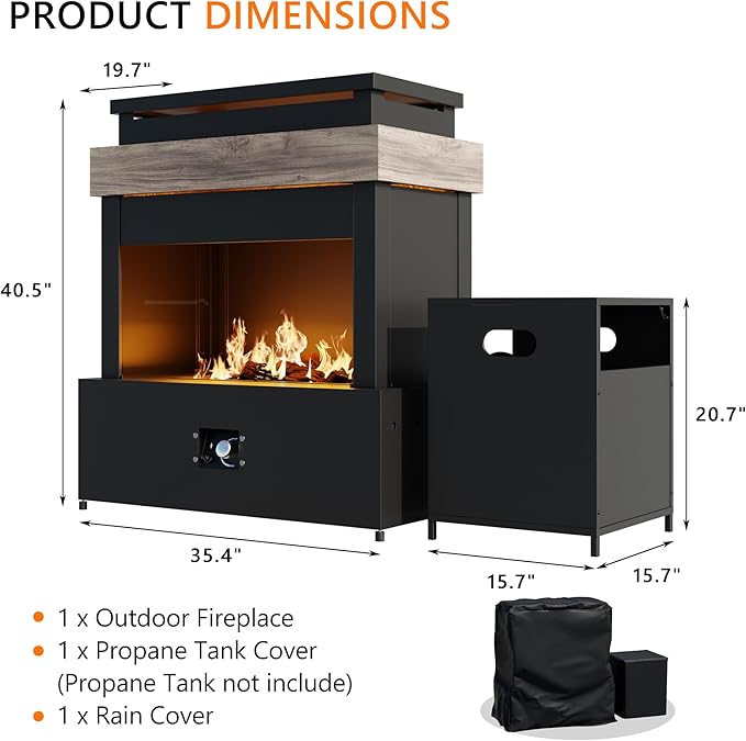 40.5''x35.4'' Outdoor Propane Fireplace, 50,000 BTU Vent-Free Gas Heater, CSA Certified Grey & Black Weather-Resistant Steel, Realistic Ceramic Logs, Rain Cover Included