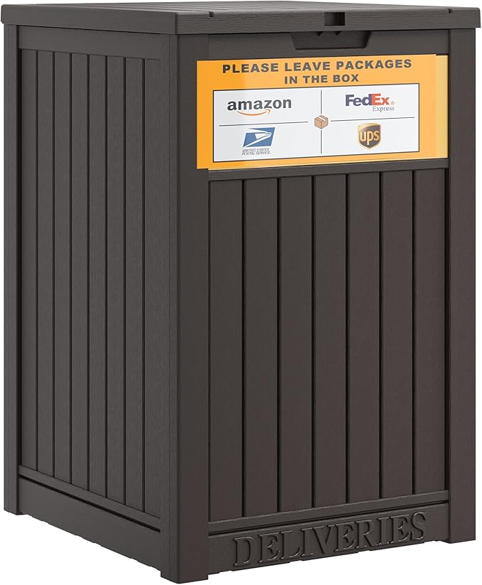 49 Gallon Package Delivery Boxes for Outside, Outside Storage Box Waterproof with Sign, Lockable Storage Box, Large Double-Walled Resin Weatherproof Deck Box for Porch and Patio, Brown