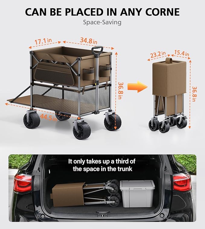 Sports Wagon Carts,480Lbs Double Decker Wagon,Foldable Lounge Wagon with Tank Wheels&Side Pocket&Dustbag,New Wave Garden,Camping,Shopping,Beach Wagon to Family Trips and Outdoors Time-Brown