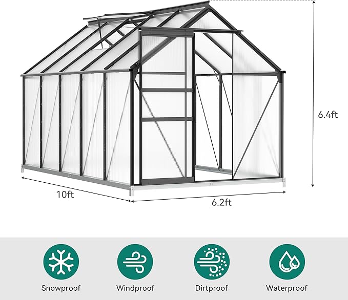 YITAHOME 10x6FT Polycarbonate Greenhouse Heavy Duty Green Houses Outdoor Aluminum Greenhouses w/ Sliding Doors Vent Window Walk-in Greenhouse for Garden Backyard, Matte Black