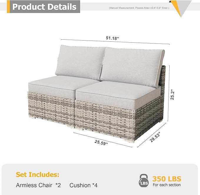 HOOOWOOO Patio Sectional Furniture Set,2 Piece Couch Set with 2 Matching Armless Chairs(Orange Red)