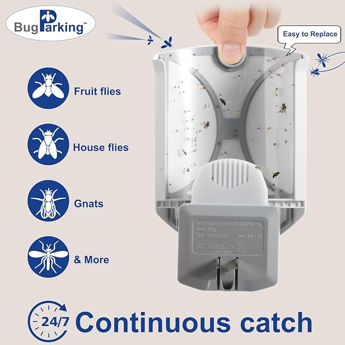 Flying Insect Trap for Indoors: Light Trap Captures Fruit Flies, Gnats, and Houseflies, Silent Bug Catcher with UV Light for Indoor-Plants, Kitchen, BUG PARKING 2 Plug-in Devices + 6 Cartridge Refills