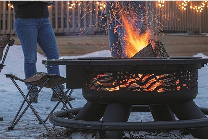 CASTLECREEK 47" Fire Pit BBQ Grill Outdoor Wood Burning Steel Log Firepit for Camping, Grilling, Smores, Yard, Cooking Outside, Barbecue, Bonfire Flag