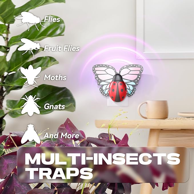 Flying Insect Trap Indoor, Light Fly Trap Captures Flies, Fruit Flies, Gnats, Moths, Mosquito and Other Flying Houseflies(1 Plug-in Device + 3 Pair Refills)