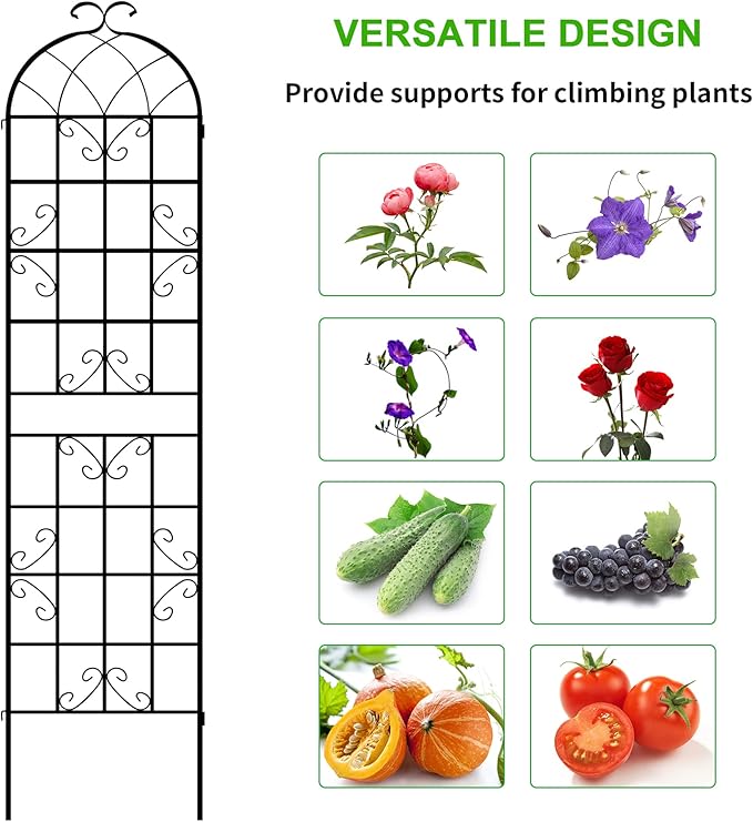 LZRS 2 Pack 87x20in Rustic Iron Arch Decoration Garden Trellis with Black Metal Coating – Perfect for Supporting Climbing Plants Outdoor, Roses, Vines, Flowers, and Vegetables.