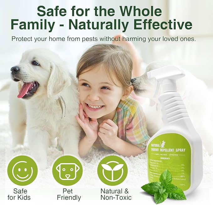 Peppermint Oil Spray for Rodents - Pure Peppermint & Mint Oil Spray for Mouse, Mice, Rat - R odent/Mouse Repellent for Indoor, Outdoor, Car Engine, Home, Attic, Garage - Pet & Kids Safe.(32 Oz)