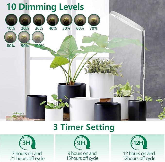 WaterRebirth 6.3 inch Grow Lights for Indoor Plants,Large Plant Light with 3 Timers, 10 Level Dimmable Brightness, Full Spectrum Plant Lamp, Height Adjustable for Tall Plants