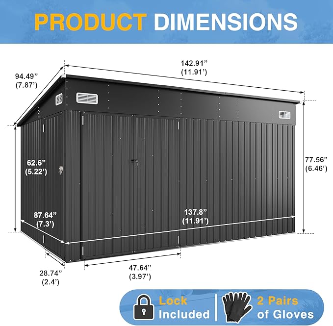 8'x12' Shed Galvanized Steel Storage Sheds with Triple Doors Utility Sheds for Vertical Storage, Dual Lock Lean to Shed with Sloped Roof for Mower, Bike, Garden Tools (Black)