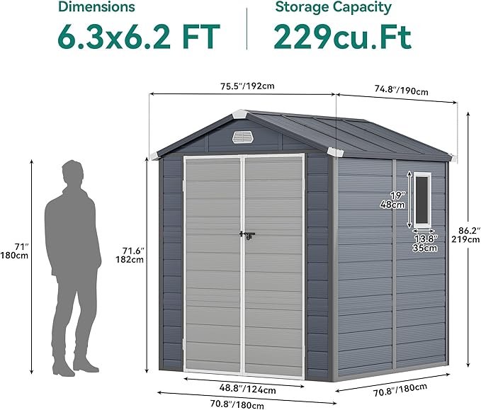 YITAHOME 6x6FT Outdoor Storage Shed w/o Floor, All-Weather Plastic Shed with Lockable Doors, Window & Vents, Plastic Tool Shed for Backyard, Patio, Poolside, Lawn, Gray