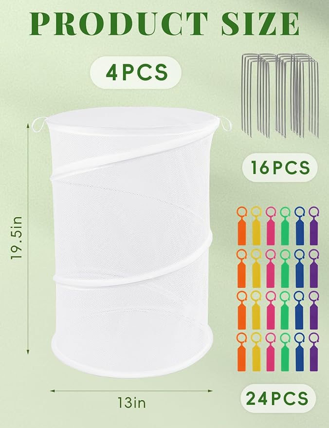 4 Pack Pop Up Plant Covers from Animals, 20" H X 13" D Insect Garden Covers, Round Foldable Mesh Plant Cover, Plant Protectors for Outdoor Plants, with Stakes and Labels (White)