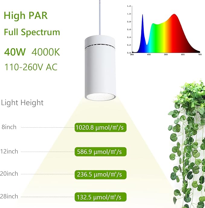 HMVPL Hanging Grow Light for Indoor Plant Full Specturm, Plug in Plant Light with 4000K 40W COB Grow Light Bulb, Small Grow Lamp with Pulley, 4/8/12H Timer for Indoor Seed Plant Flower Output(19ft)