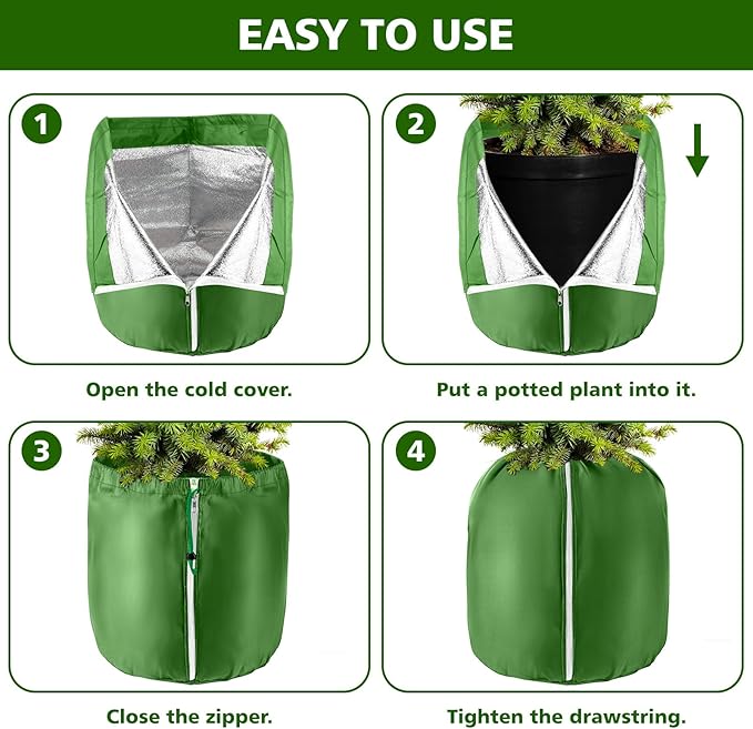 2 Pcs Plant Pot Winter Covers Protection - Potted Plant Freeze Protection Frost Jacket with Zipper Drawstring to Keep Outdoor Plants Flowers Shrubs Trees Warm (17.7" D x 19.7" H - Green)
