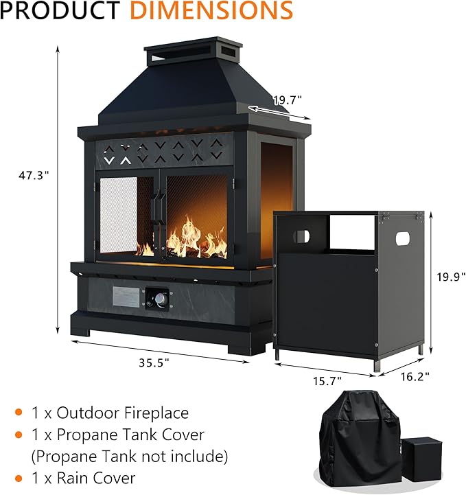 47.3''x35.5'' Outdoor Propane Fireplace, 50,000 BTU Vent-Free Gas Heater, CSA Certified Grey & Black Weather-Resistant Steel, Realistic Ceramic Logs, Rain Cover Included