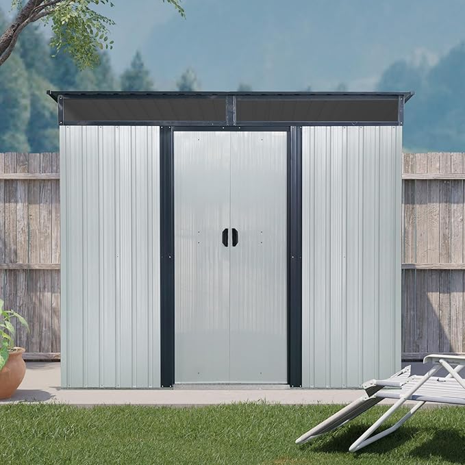 8x6 FT Outdoor Metal Storage Shed with Lockable Sliding Doors and Transparent Plate - Patio Shed for Backyard, Garden, Lawn (White and Black)