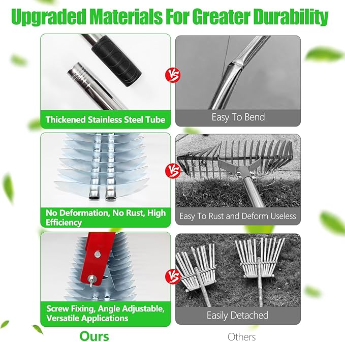 Thatch Rake, 15-inch Lawn Dethatcher Rake, Efficient Steel Metal Rake with Stainless Steel Handle, Heavy Duty Soil Rake, Grass Grooming Rake for Cleaning Dead Grass