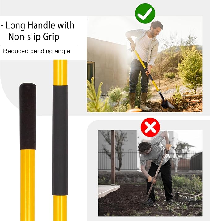 Heavy Duty Gardening Shovel, 56 Inch Round Blade with Fiberglass Handle (Yellow)