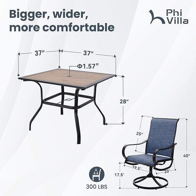 PHI VILLA 5 Piece Outdoor Patio Dining Set with 4 Swivel Dining Chairs & 1 Wood-Like Dining Table, All Weather Blue Textilene Mesh Fabric Chair and Square Metal Table for Deck Lawn Garden