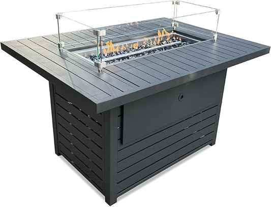 Rectangle Propane Fire Pit Table: 43'' Patio Gas Fire Table 50000 BTU - Rustproof Aluminum Tabletop Firepit Wind Guard Glass Beads - Outdoor Heating for Dining Party Garden Deck - Dark Gray