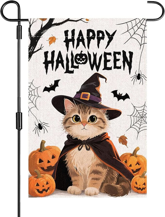 Happy Halloween Small Garden Flag, 12x18 Inch Pumpkin Cat Halloween Party Supplies, Outdoor Linen Double-Sided Yard Funny Flags Decoration
