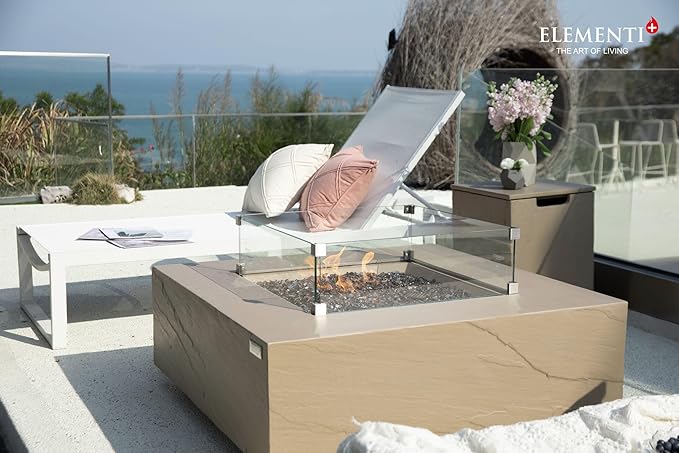 Elementi+ | Uluru Gas Fire Pit Cast Concrete 40" Square Fire Table, Outdoor Fire Pit Electronic Ignition | Canvas Cover, Fire Glass and Burner Lid Included | Sunlight Yellow | Natural Gas
