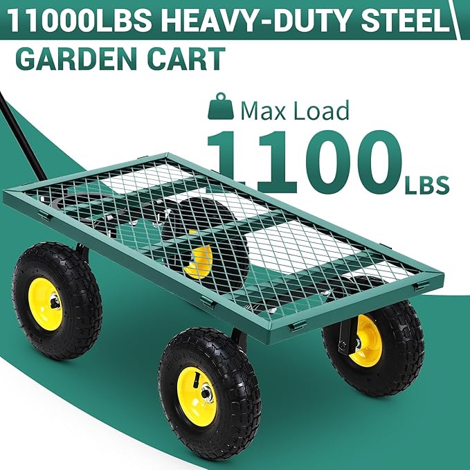 Heavy Duty Steel Garden Cart, 1100LBS Pullable Metal Garden Wagon with 10" Wheels, 180° Rotating Handle and Removable Sides for Outdoor, Farm, Yard, Beach ﻿
