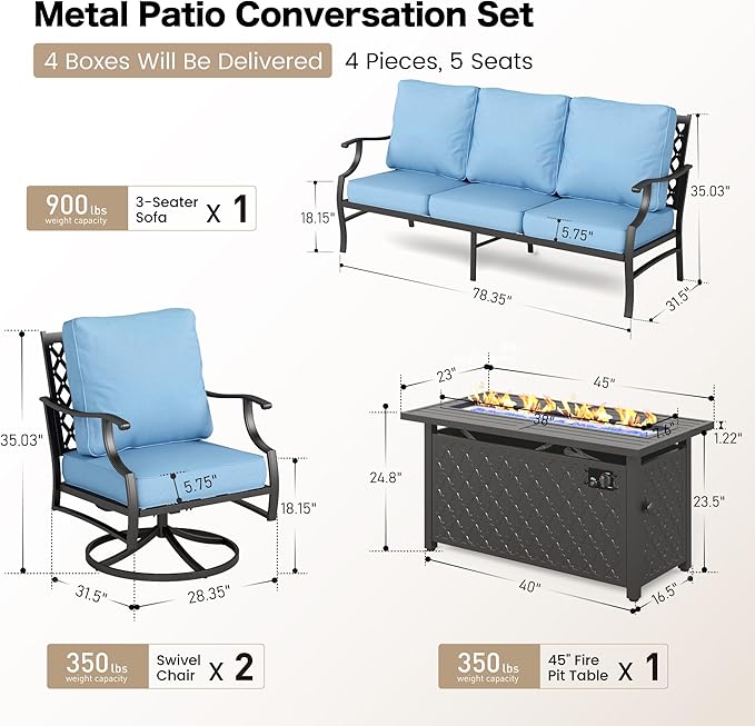 4 Piece Metal Outdoor Patio Furniture Sets with 5000 BTU Firepit Table, Patio Conversation Sets 1 3-seater Sofa, 2 Swivel Chair with 5.75" Thick Cushion, Black Backyard Furniture, Blue