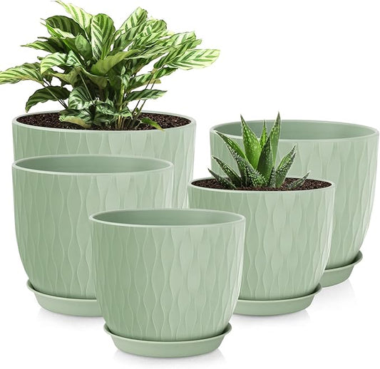 Plastic Plant Pots 10/9/8/7.5/7 inch Set of 5, Flower Planters with Drainage Holes and Saucers, Plastic Pots for Indoor Outdoor Plants, Livingroom Garden Decor (Green)