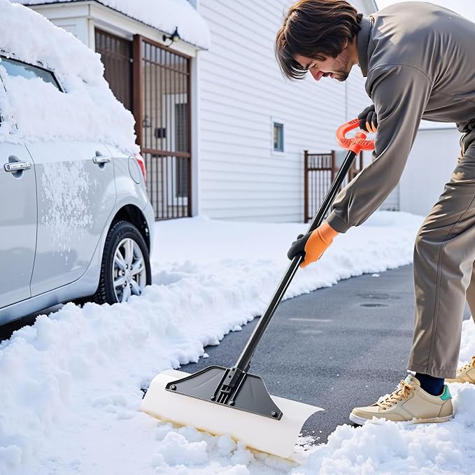 VEVOR Snow Pusher, 24 inch Wide Push Snow Shovel Plow for Driveway, Sidewalks and Doorways with Segmented Handle, Ergonomic Grip and HDPE Plastic Blade