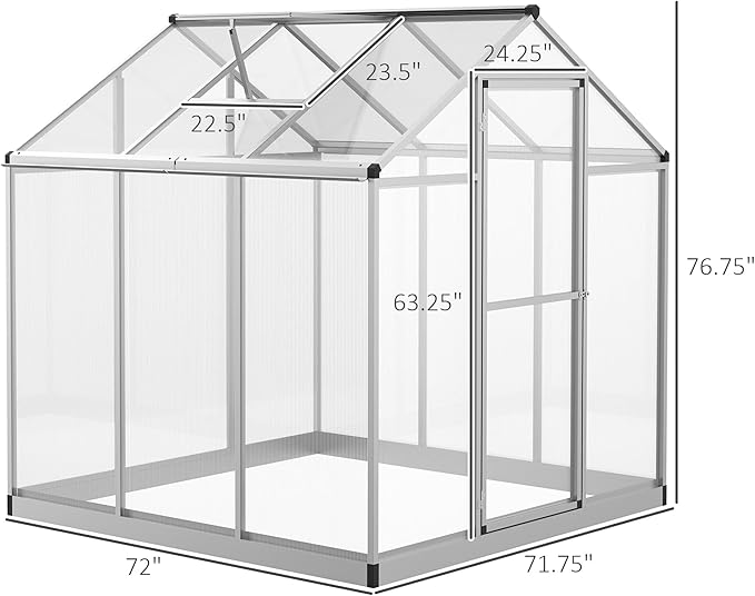 Outsunny 6' x 6' Greenhouse for Outdoors, Polycarbonate Greenhouse with Rain Gutter and Roof Vent, Aluminum Walk-in Green Houses for Outside Patio Backyard Garden