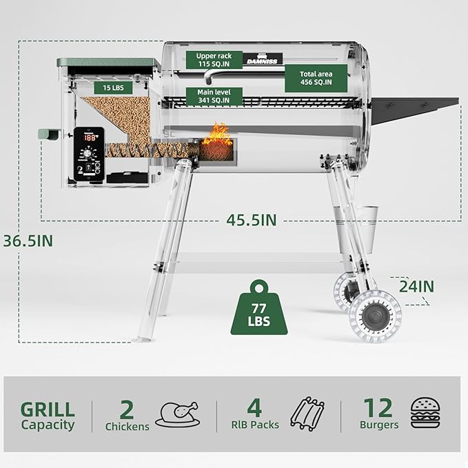 Pellet Grill Smoker 8 In 1 Outdoor Wood Electric Pellet BBQ Grill With PID Temperature Control And Meat Probe 456 Sq.In Removable Cooking Area Easy Clean