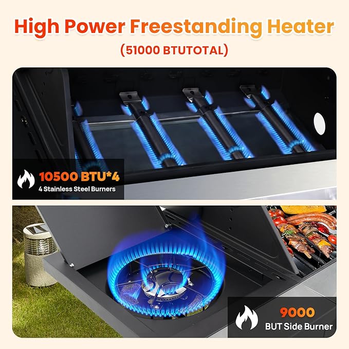 4-Burner Propane Gas BBQ Grill with Side Burner, Porcelain-Enameled Cast Iron Grates and Grills Cover, 51,000 BTU Stainless Steel Grill for Outdoor Camping Barbecue Grilling Backyard Cooking