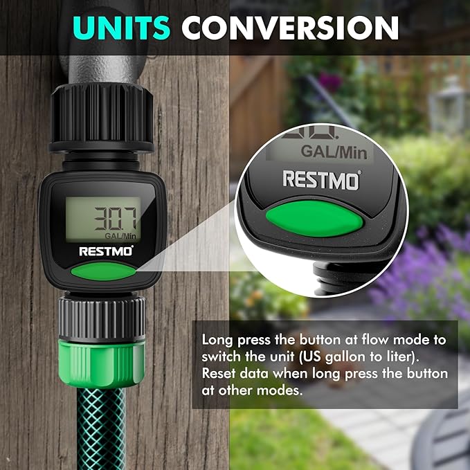 [2 Pack] RESTMO Water Flow Meter, High Measure Accuracy, Measure Gallon/Liter Consumption and Flow Rate for Outdoor Garden Hose Watering, RV Water Tank Filling, Lawn Sprinkler and Nozzle Sprayer