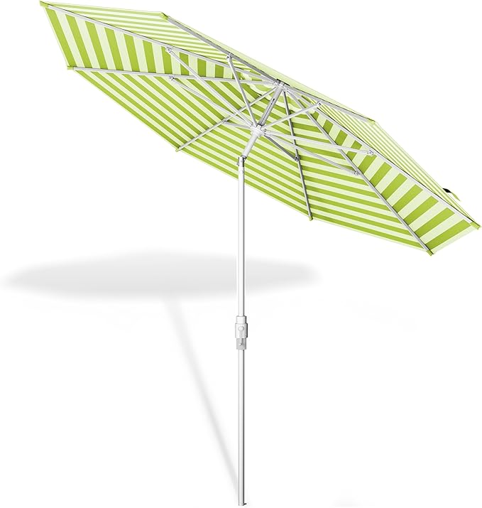 Midtown Umbrellas The Swilt 10 Feet Patio Umbrella in Terylast Pear Stripes (Green/White) Polyester Fabric - Fiberglass Ribs, Auto-Tilt Aluminum Frame For Backyard, Deck, Garden, Pool - White Pole