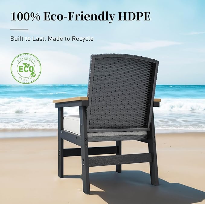 7 Piece HDPE Outdoor Dining Set for 6, 64” All Weather Wood-grain Dining Table, 6 Wicker Rattan Chairs with 3.2” Waterproof Cushion, Patio Table and Chairs Set for Backyard and Deck, Black