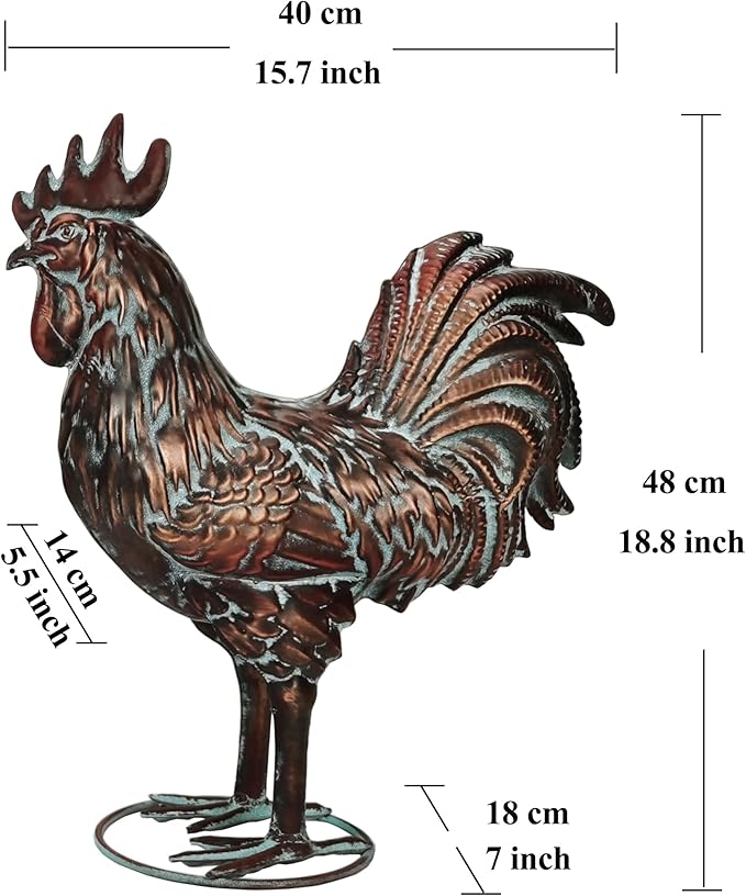 Metal Garden Rooster Statue Decor,15.7" L x 18.8" H Metal Chicken Sculpture Yard Art, Vintage Outdoor Chicken Figurine for Backyard Patio Lawn Home Kitchen Decorations, Gift for Chicken Lovers