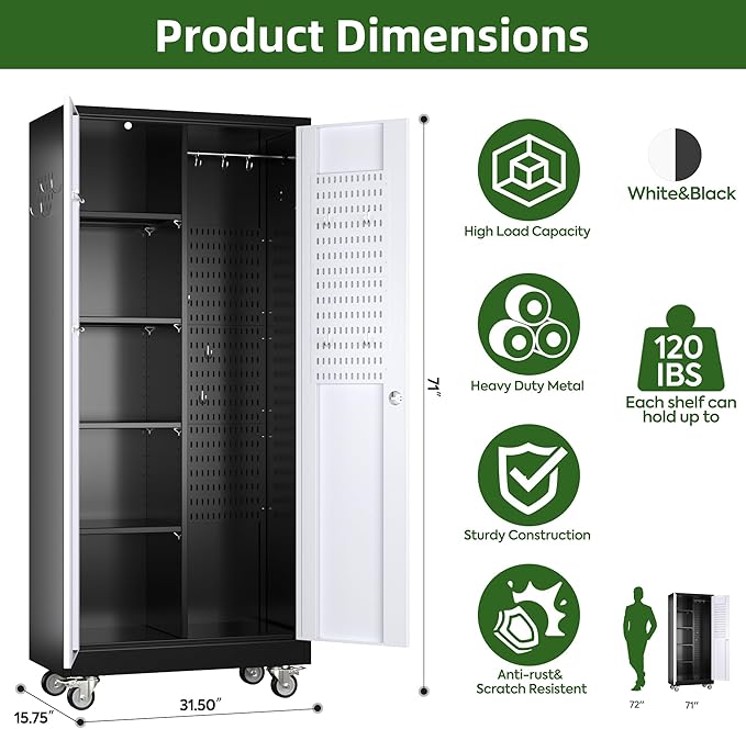 Broom Closet Storage Cabinet with Wheels and Pegboard,Metal Garage Storage Cabinet with Doors and Adjustable Shelves for Garage Home Office,Required Assembly,Black and White