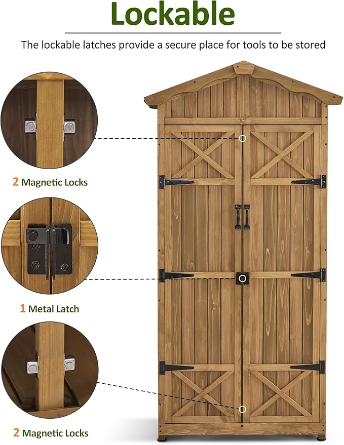 Macrout Outdoor Storage Cabinet, 75 Inches Lockable Wooden Storage Shed with Removable Shelves, Tall Tool Shed with for Yard Patio Lawn, 1165