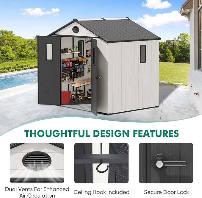 8x8 Resin Outdoor Storage Shed with Floor, Plastic Tool Shed for Gardening, Patio, and Deck, White/Gray