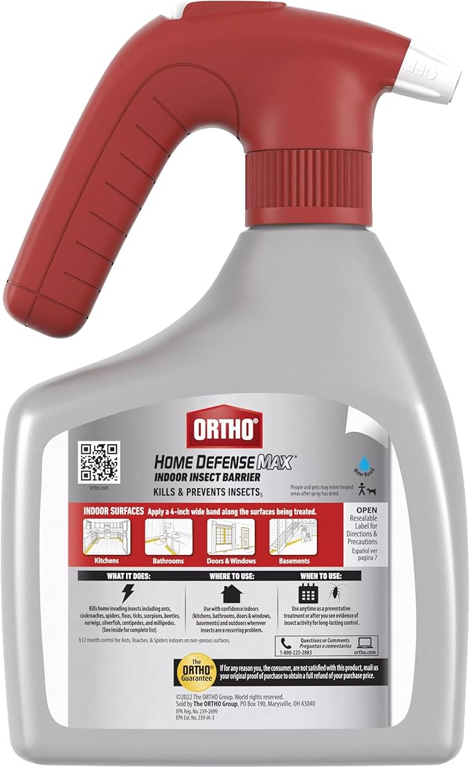 Ortho Home Defense Max Indoor Insect Barrier with Battery-Powered Sprayer, Kills Ants, Roaches, Spiders, Fleas and Ticks, 1.5 L.