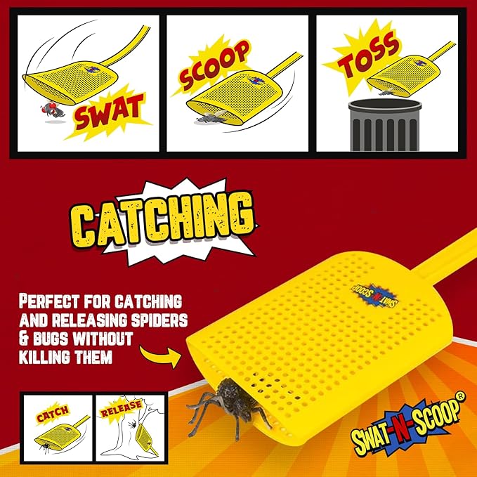 Heavy Duty Fly Swatter and Spider Catcher and Release (1, Yellow). Insect Fly Catchers for Inside Home. House Fly Swatter or Humane Bug Catcher with Built in Insect Scoop.