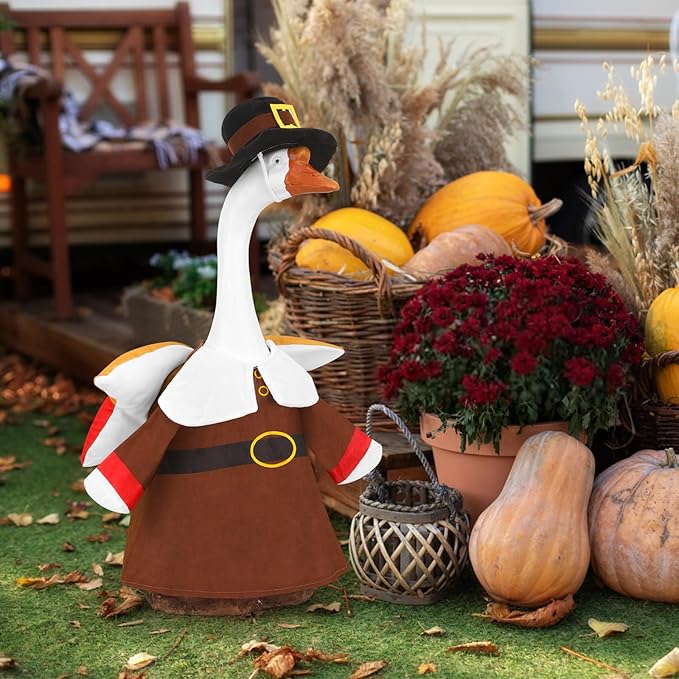 Porch Goose Outfits Pilgrim with Accessories Yard Garden Lawn Goose Clothes for Plastic Cement Goose Statue 23" H Large Fall Autumn Thanksgiving Porch Goose Costume Set for Patio Outdoor Decoration