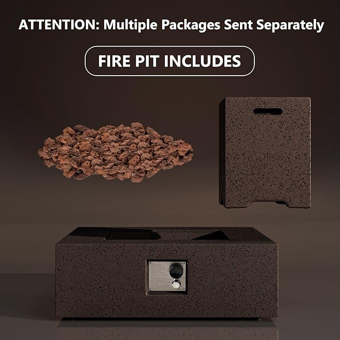 COSIEST Outdoor Propane Fire Pit Coffee Table w Square Faux Stone 35-inch Base, CSA Certified, 50,000 BTU Stainless Steel Burner, Free Lava Rocks and Rain Cover,Tank Cover, Stone Bronze