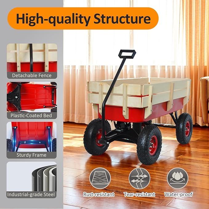 176 lb Kids Wagon Cart, 85L Large Capacity Durable Outdoor Tool Cart, Heavy Duty Cargo Wagon, Steel and Wooden Side with 10 Inch Inflatable Wheels, for Kids, Toys, Sport, Shopping (Red)