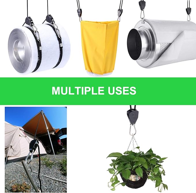 Rope Clip Hanger, 6 Packs 1/8 in Reinforced Adjustable Height Anti-Loose Design Gears Clip for Growing Light Fixtures, Hanging Plants, 8 FT Length 150lbs Weight Capacity