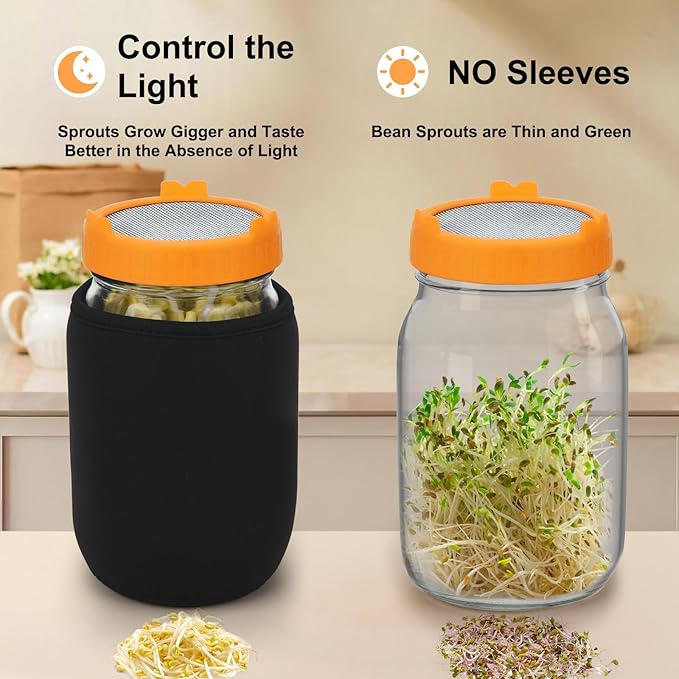 Lulonpon Sprouting Kit, 4 Sprouting Jar Kits, Wide Mouth Quart Mason Jars with Stainless Steel Screen Sprout Lids,1000ml Sprouts Growing Kit, Seed Sprouter Set for Growing Broccoli, Bean, Alfalfa ﻿