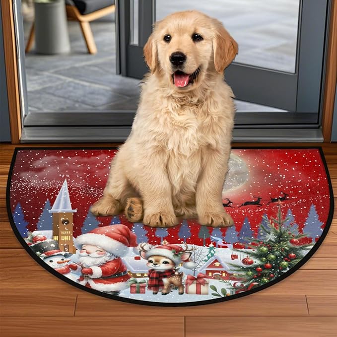 Christmas Half Round Door Mat, Merry Christmas Snow Scene Santa Elk Semicircle Door Mats, Non Slip Area Rug Soft Doormat for Indoor Entrance Wear Resistant Welcome Mat for Garage Patio Home 24 x 36 In