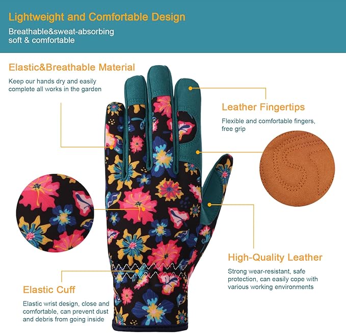 Bamllum Leather Gardening Gloves for Women - Working Gloves for Weeding, Digging, Planting, Raking and Pruning