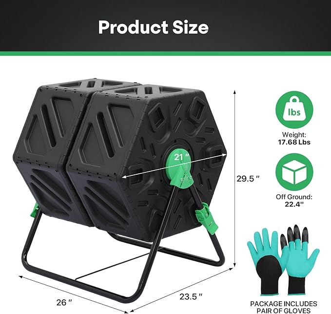 Athena Collection Chamber Compost Tumbler, 34 Gallon Outdoor Composter with Easy Assembly, Tumbling Compost Bin in PP Material for Garden, Yard & Kitchen Waste, Includes Gloves