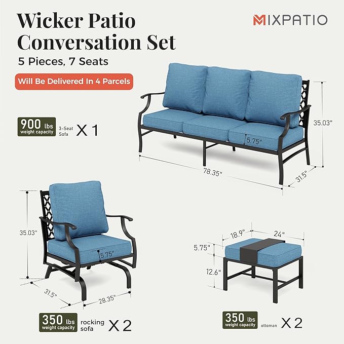 Patio Furniture Set 5 pcs, Outdoor Patio Furniture Set, 3-Seat Sofa, 2 Rocking Chairs, 2 Ottomans and 5.75" Extra Thick Cushions, Conversation Set for Backyard Deck,Navy Blue